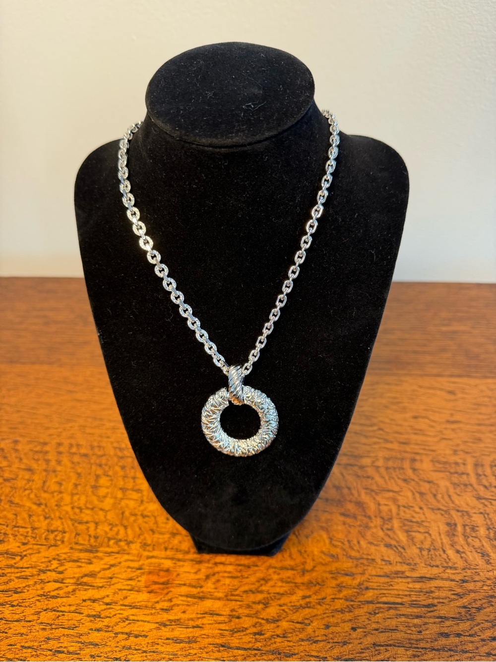 Yves Saint Laurent YSL Silver Textured Twist Circle Pendant Necklace w/COA